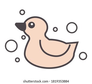 Duckling for children bathing, isolated icon of rubber duck with bubbly water. Washing and gaming, simple game for kids. Squeaking animal toy, duckie with beak and wings, vector in flat style