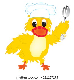 Duckling cook with spoon on white background is insulated