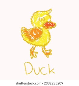 Duckling drawings with crayon. Kids doodle drawing, children crayon drawing and hand drawn, pastel pencil doodle vector illustration