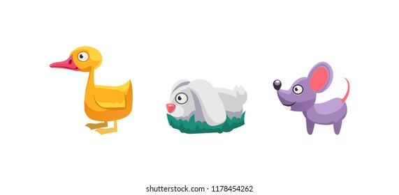 Duckling, rabbit and mouse, funny cartoon farm animals, game user interface, element for mobile or computer games vector Illustration