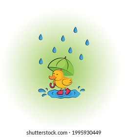 A duckling in red boots walks in the rain under an umbrella through the puddles