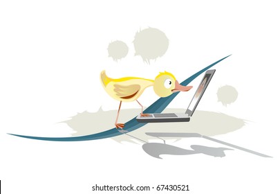 Duckling sees his reflection on the laptop screen.
