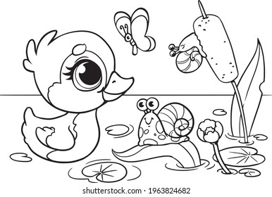 The duckling swims in the pond to the reeds and the snail. Coloring book for children. Cute baby chick. Educational task for a preschooler. Vector illustration in cartoon style. Isolated clipart fun