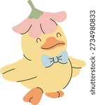 Duckling walking with a blossom cap and bow tie, rounded shapes and clean linework. Symbol of childhood, spring charm, and innocence in a playful mascot. Cartoon vector illustration.