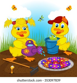 ducklings boy and girl watering flowers - vector illustration, eps