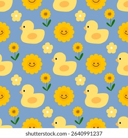 ducklings flowers on blue background , fabric pattern, gift wrapping paper, seamless pattern 