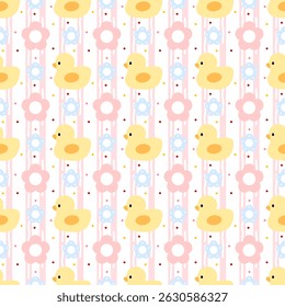 Ducklings, flowers on a white  , pink lines  , background, fabric pattern, gift wrapping paper , seamless pattern 