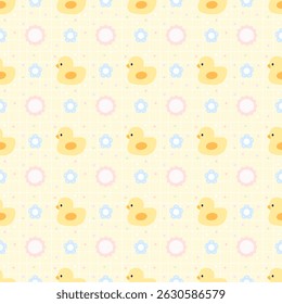 Ducklings, flowers on a yellow background , background, fabric pattern, gift wrapping paper , seamless pattern 