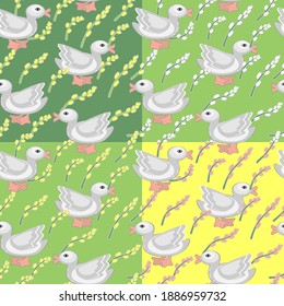 Ducklings and flowers seamless pattern with four color options.Creative childish texture in yellow and green.Creat for fabric,textile,wrapping paper,interior,cover.Vector illustration.