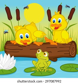 ducklings looking at frog - vector illustration, eps