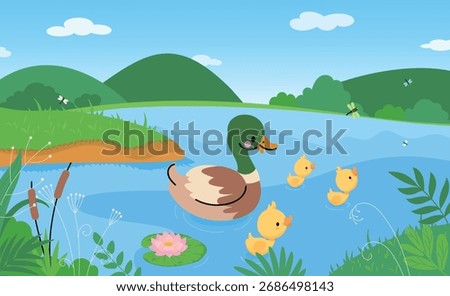 Ducklings in pond. Tiny yellow duckling with mother duck swimming in lake or river. Cartoon nature landscape, countryside wildlife nowaday vector scene