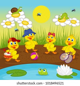 ducklings resting on lake - vector illustration, eps