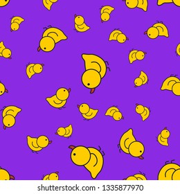 Ducklings seamless pattern in cartoon style. On color background, vector illustration.