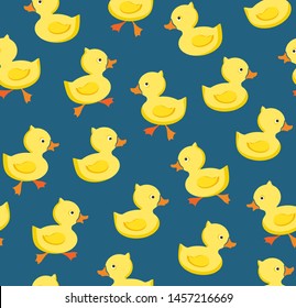 Ducklings, seamless pattern. color blue, vector. Yellow cheerful ducklings. Color, flat picture. Vector, flat seamless background. 