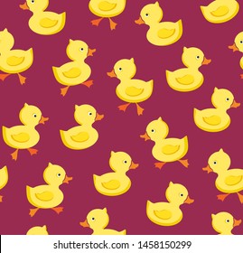 Ducklings, seamless pattern, color, purple, vector. Yellow cheerful ducklings. Color, flat picture. Vector, flat seamless background. 