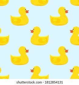 Ducklings, nahtloses Muster. Gelbe, fröhliche Enten. Vektorgrafik, flacher, nahtloser Hintergrund.