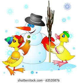 Ducklings and snowman