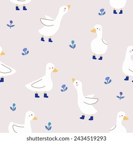 patos con botas azules y flores patrón sin fisuras sobre fondo gris, ilustración vectorial