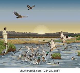 Ducks caught in an ancient fowler's snare, as the sun sets.  Some mallards escape through a hole.  A heron is being used as bait and eagles fly overhead.  Biblical image to depict Psalm 91.