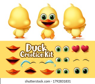 Ducks creation animal characters vector set. Duck animals editable character eyes and mouth create kit with different emotion and feeling for duckling cartoon collection vector illustration.