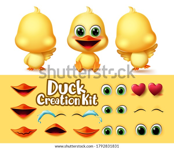 Ducks creation animal characters vector
set. Duck animals editable character eyes and mouth create kit with
different emotion and feeling for duckling cartoon collection
vector illustration.
