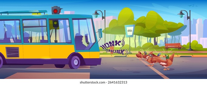 Ducks cross city road while yellow bus blares loud honk. Brown birds scatter from sound near green park, traffic lights overhead. Urban cartoon landscape with benches, buildings for game backgrounds.