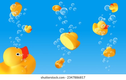 Ducks floating in air bubbles. 3d realistic rubber ducks in water