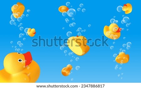 Ducks floating in air bubbles. 3d realistic rubber ducks in water