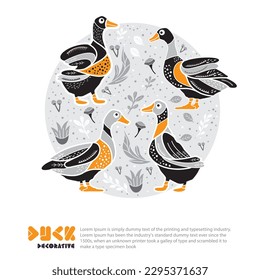 Ducks and flower decorative vector illustration.