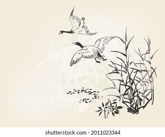 ducks fly vector card japanese chinese nature ink illustration engraved sketch traditional