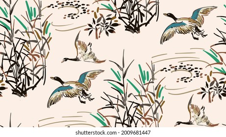 ducks fly vector japanese chinese nature ink illustration engraved sketch traditional textured seamless pattern colorful