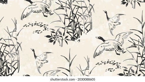 ducks fly vector japanese chinese nature ink illustration engraved sketch traditional textured seamless