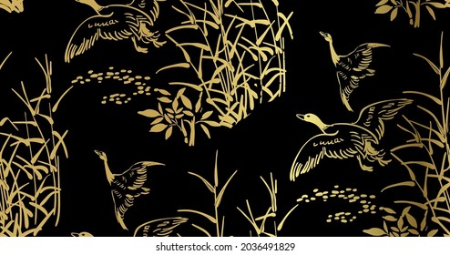 ducks fly vector japanese chinese nature ink illustration engraved sketch traditional textured seamless pattern