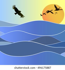 Ducks flying over the sea at sunset. Vector