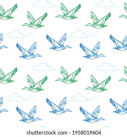 Ducks are flying in the sky against the background of clouds. Vector  illustration. Seamless vector pattern.