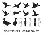 Ducks flying Vector, swimming. silhouettes of duck, flying duck. Duck call