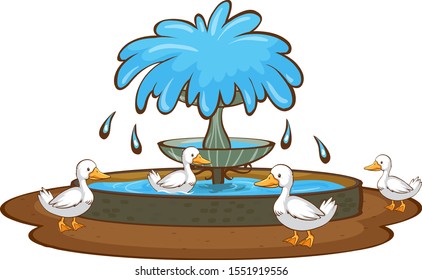 Ducks and fountain on white background illustration