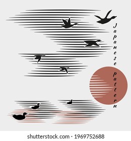 Ducks, geese fly into bright sun. Sea, clouds in sky on white background with black birds. Minimalistic pattern in Japanese style. Vector illustration, birds in form of hieroglyphs.