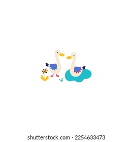 Ducks geese on a small lake. Funny composition in hand drawn cartoon Scandinavian doodle style. The colorful limited palette is ideal for printing. Vector isolate on white background