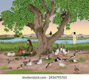 Ducks and Geese sheltering the safety of a large tree with man resting against it, while fowler looks into the distance as no birds are on his snare. Christian allegory image for Psalm 91:9-10