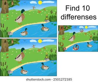 Patos en el estanque. Encuentra 10 diferencias. Juego educativo para niños. Ilustración vectorial