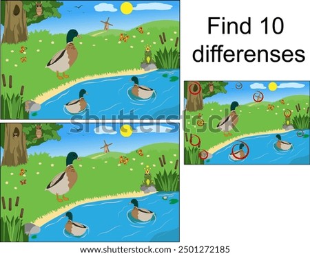 Ducks on the pond. Find 10 differences. Educational game for children. Vector illustration
