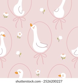 ducks in oval frame with bows and flowers around seamless pattern , vector illustration