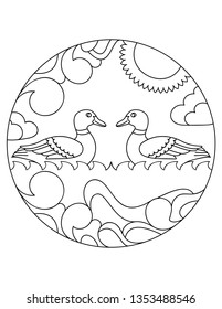 Ducks pattern. Illustration of duck. Mandala with an animal.  Duck in a circular frame. Coloring page for kids and adults.