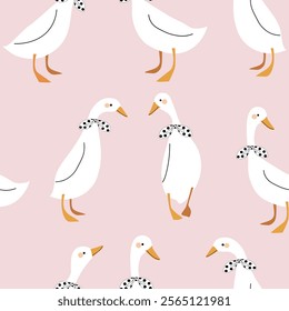 ducks with polka dots black white bows  seamless pattern  on pastel pink background  , vector ,illustration