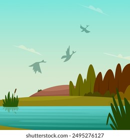 ducks pond. outdoor landscape background with lake and flying wild birds ducks