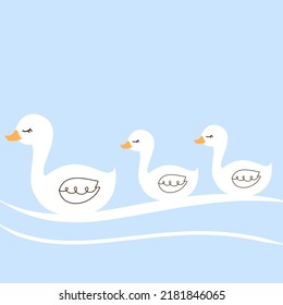 Ducks In A Row On Water Wave Background Vector Illustration.