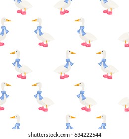 Ducks in scarf winter seamless vector pattern. Farm birds white simple country background texture.