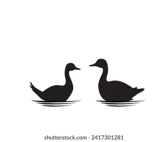 Ducks silhouette on a pond isolated on white background, vector illustration. Minimalist black and white art design. Minimal poster design