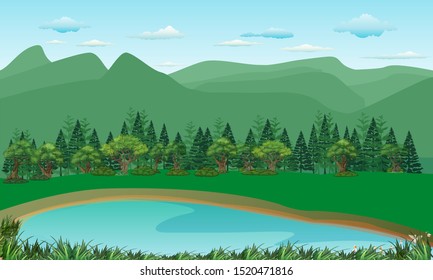 Ducks swim on the lake, in the distance behind the lake is a forest, beyond which there are mountains.